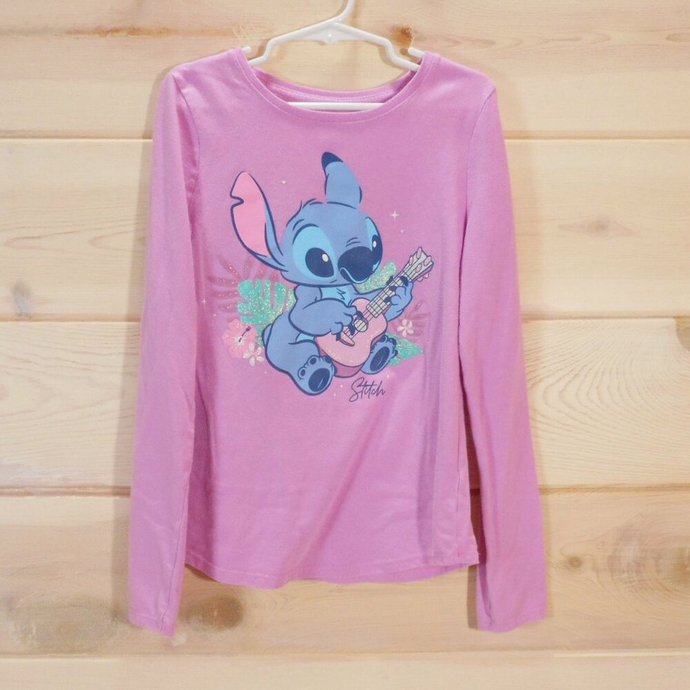 Disney Jumping Beans Girls Size 8 Stitch Graphic Tee Ukulele Pink Long Sleeve
